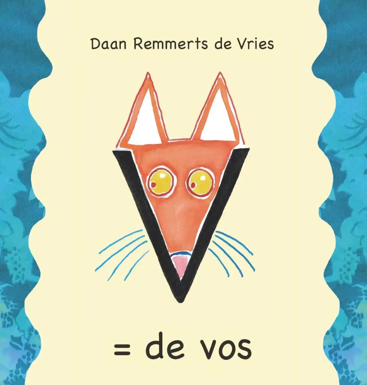 Een gestileerd oranje vos gezicht illustratie met witte binnenoren en gele ogen op het kinderboeken algemeen v de vos van daan remmerts