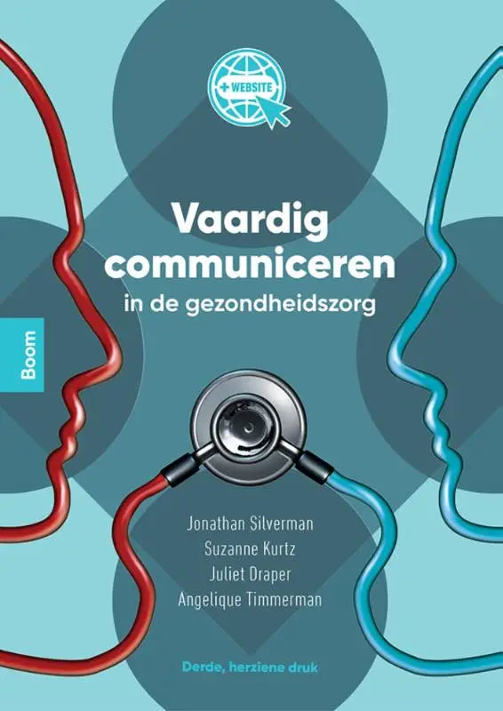 Boekcover van vaardig communiceren in de gezondheidszorg met een zilveren stethoscoop en roodblauwe silhouetten