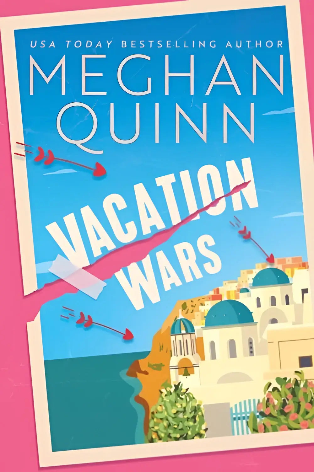 The book cover of vacation wars by meghan quinn shows a vibrant blue background with white text and stylized buildings by the sea perfect for engelse romcom fans