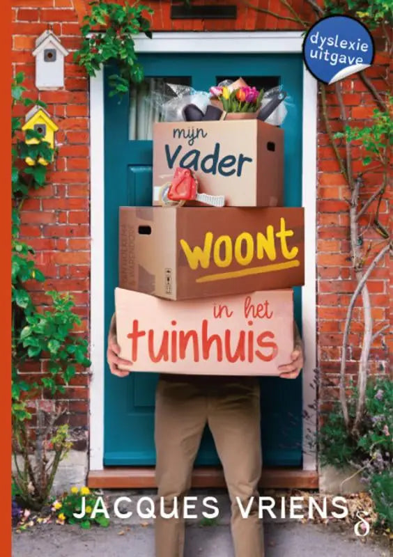Boek mijn vader woont in het tuinhuis van jacques vriens toont persoon met drie gestapelde kartonnen dozen