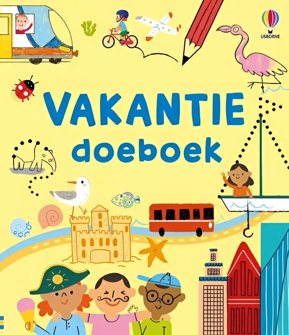 Brightly illustrated vakantie doeboek cover in bold blue letters for jonge lezers by Rebecca Gilpin