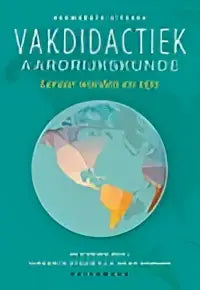 Boekcover vakdidactiek aardrijkskunde met geometrische pastel globe op turquoise achtergrond voor lerarenopleiding