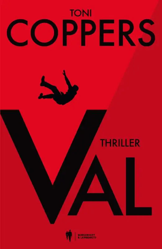 Rode boekcover van val met zwarte tekst en vallende silhouet door alex berger