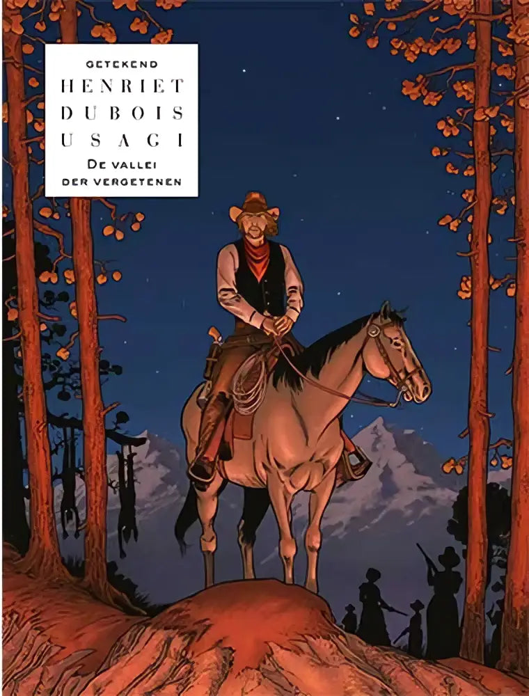 Rugged cowboy in brown hat and vest rides light-brown horse through autumn forest at night in pierre dubois strip de vallei der vergetenen