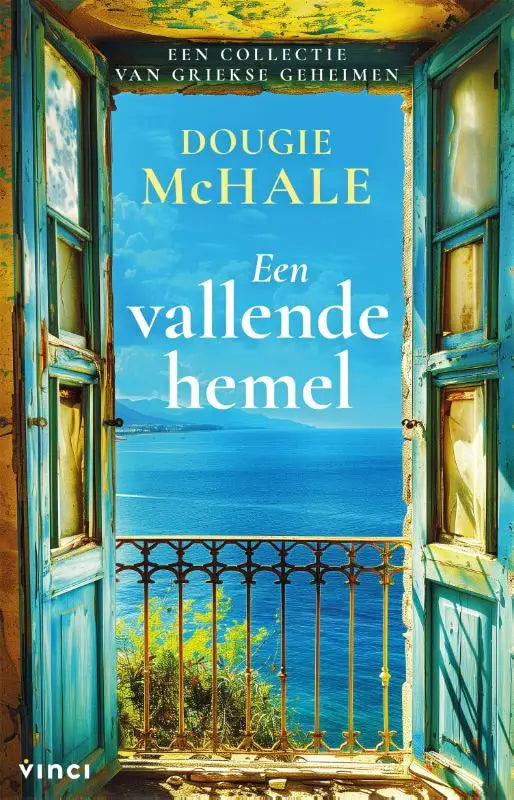 De boekcover van een vallende hemel toont een levendige blauwe lucht en zee omkaderd door verweerde turquoise houten deuren