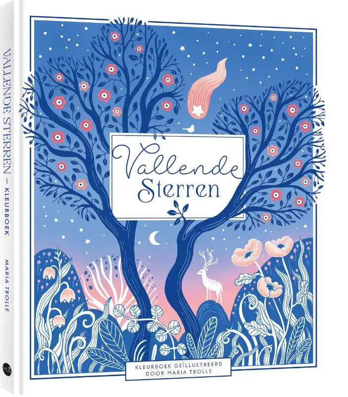 Blauw geïllustreerd kleurboek vallende sterren met een speelse boom en roze bloemen door maria trolle