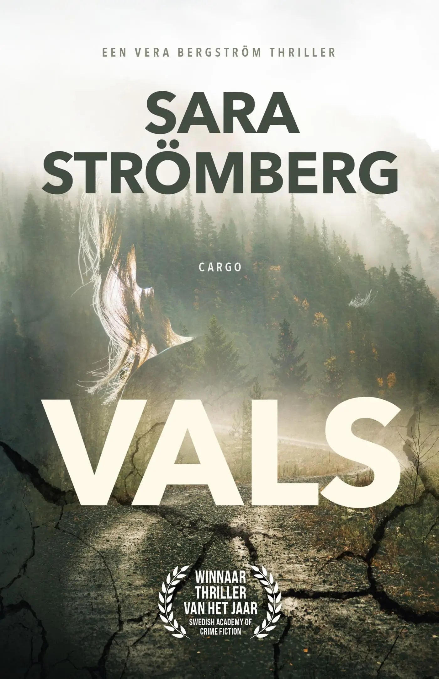 De boekcover van vals door sara strömberg toont een mistig bos met de titel in wit en benadrukt spannende fictie
