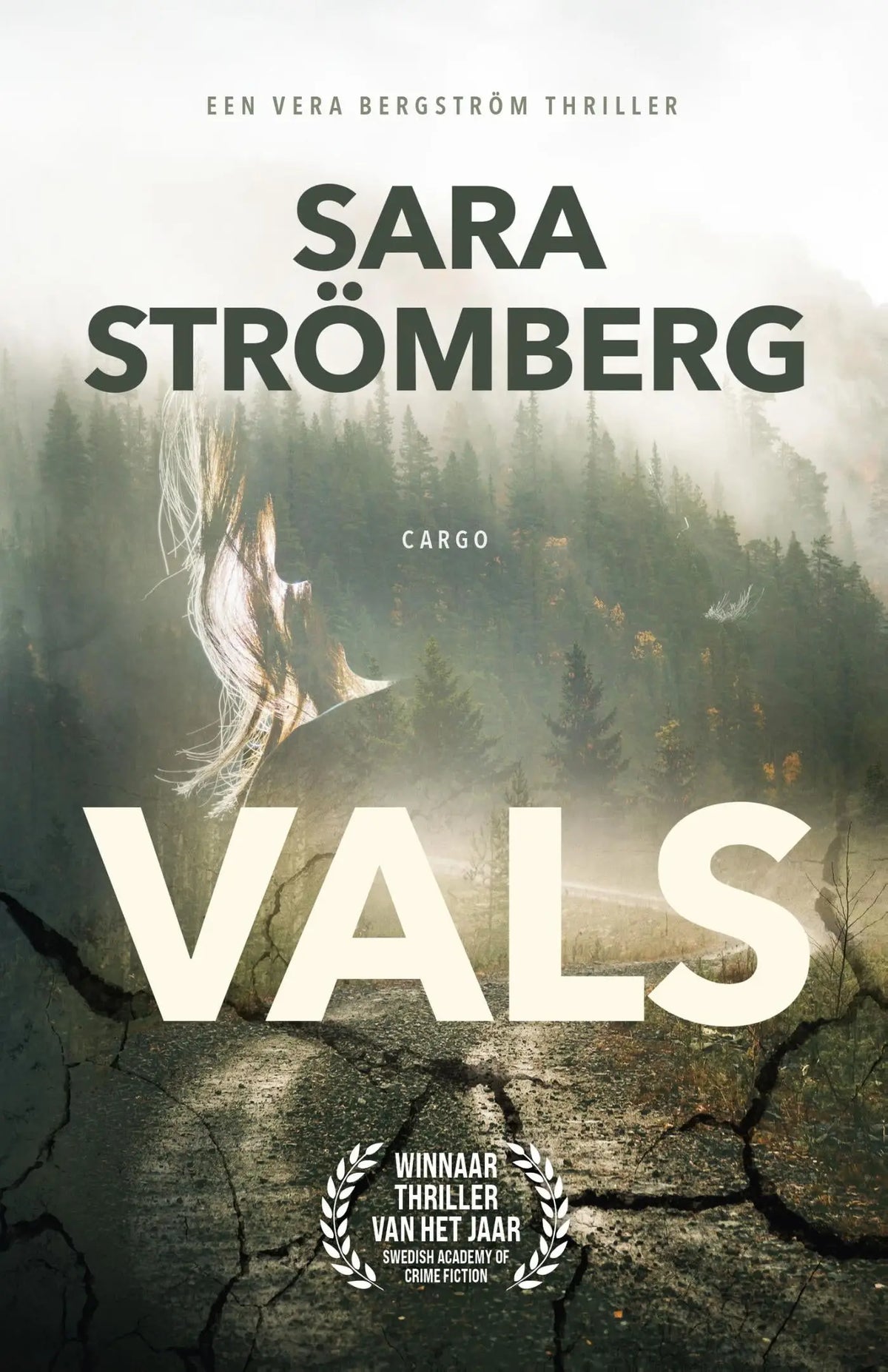 De boekcover van vals door sara strömberg toont een mistig bos met de titel in dikke witte letters, literaire thriller