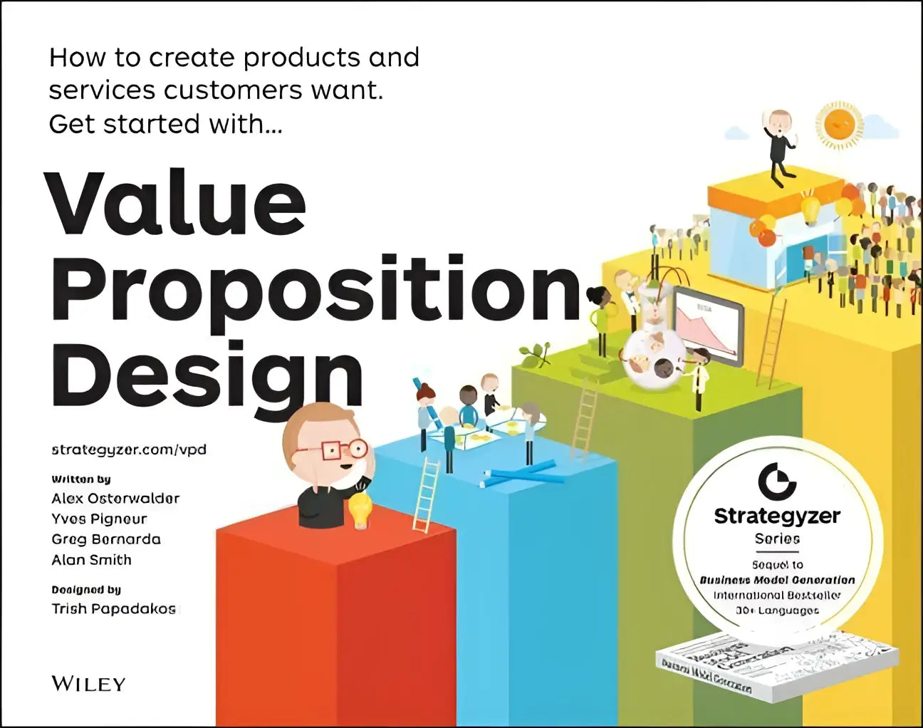 Boekcover van Value Proposition Design door Alex Osterwalder met kleurrijke illustratie van trap en zakelijke elementen
