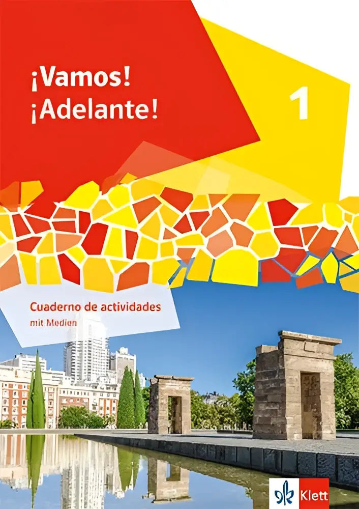 Het omslag van ¡vamos adelante! 1 cuaderno de actividades mit mediensammlung toont een kleurrijk mozaiek en stenen bogen