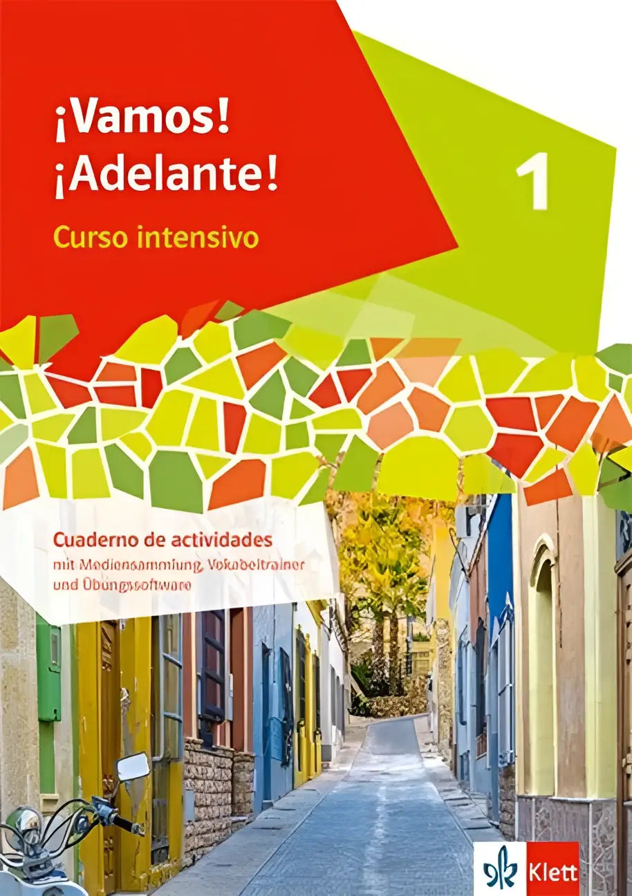 Vibrante geometrische omslag van het klett ¡vamos! ¡adelante! curso intensivo 1 cuaderno mit audios videos und lernsoftware