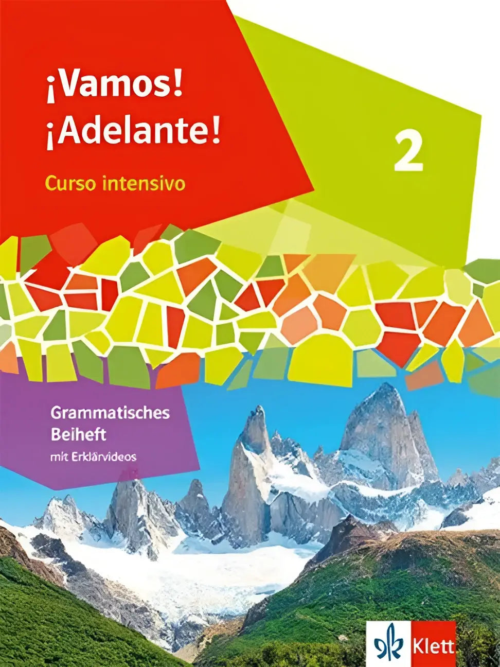 De cover van het grammatisches beiheft curso intensivo leerboek toont een kleurrijk geometrisch mozaïek met besneeuwde bergen