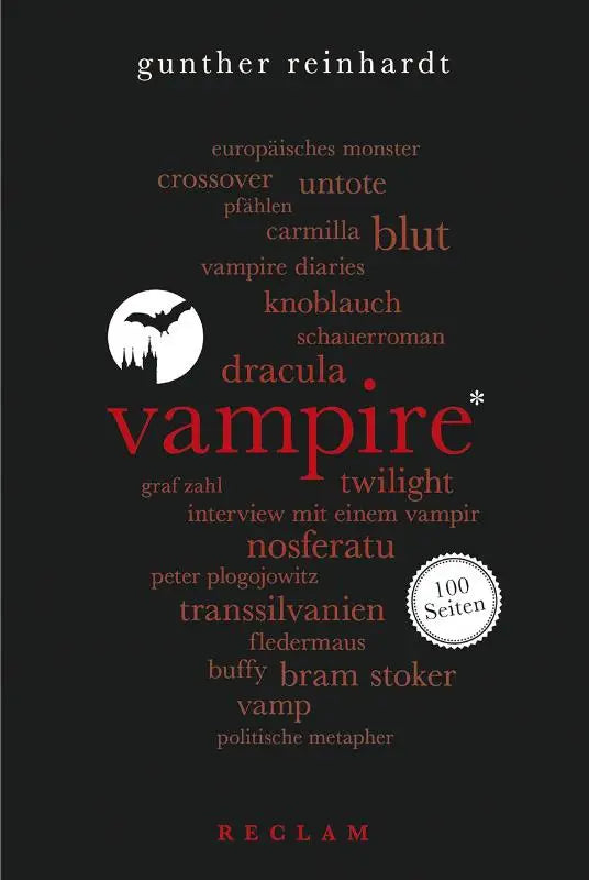Zwart boek met witte vampiervlinder en maan silhouette met rode en beige tekst vampire 100 seiten