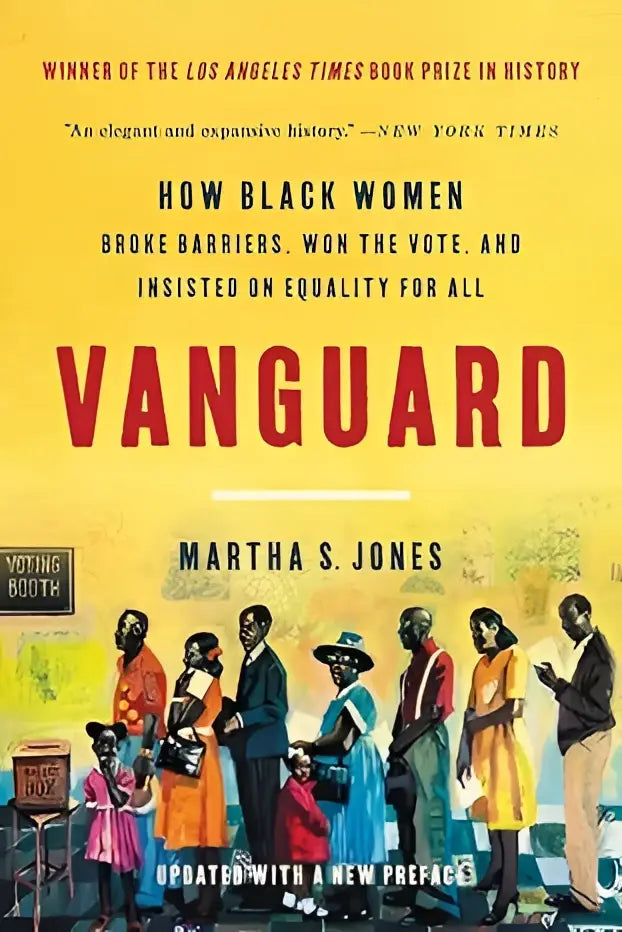 Vanguard boek met een levendige gele kaft en rode letters over zwarte vrouwen die barrières doorbraken en gelijkheid eisten