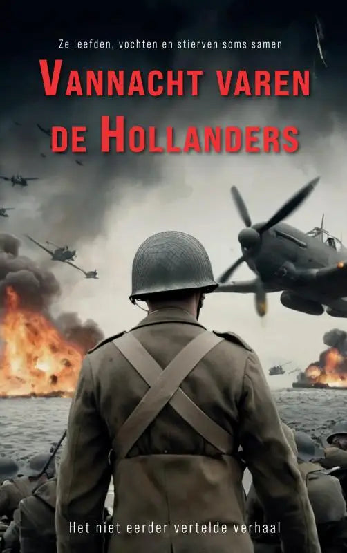 De boekomslag van vannacht varen de hollanders toont de titel in rode letters op een dramatische oorlogsscene