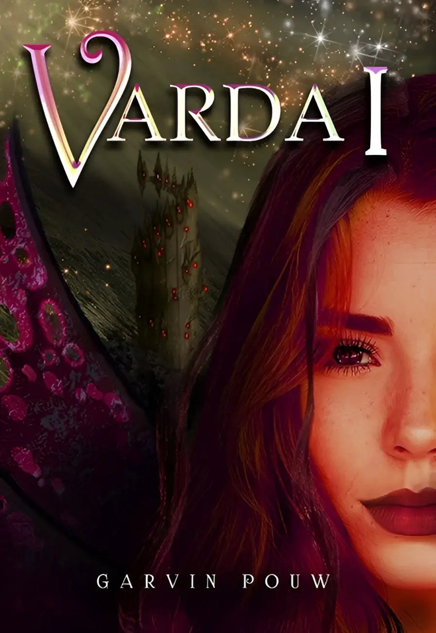 De boekomslag van varda i door garvin pouw toont een vrouw met lang donker haar en een sterrennachtachtergrond