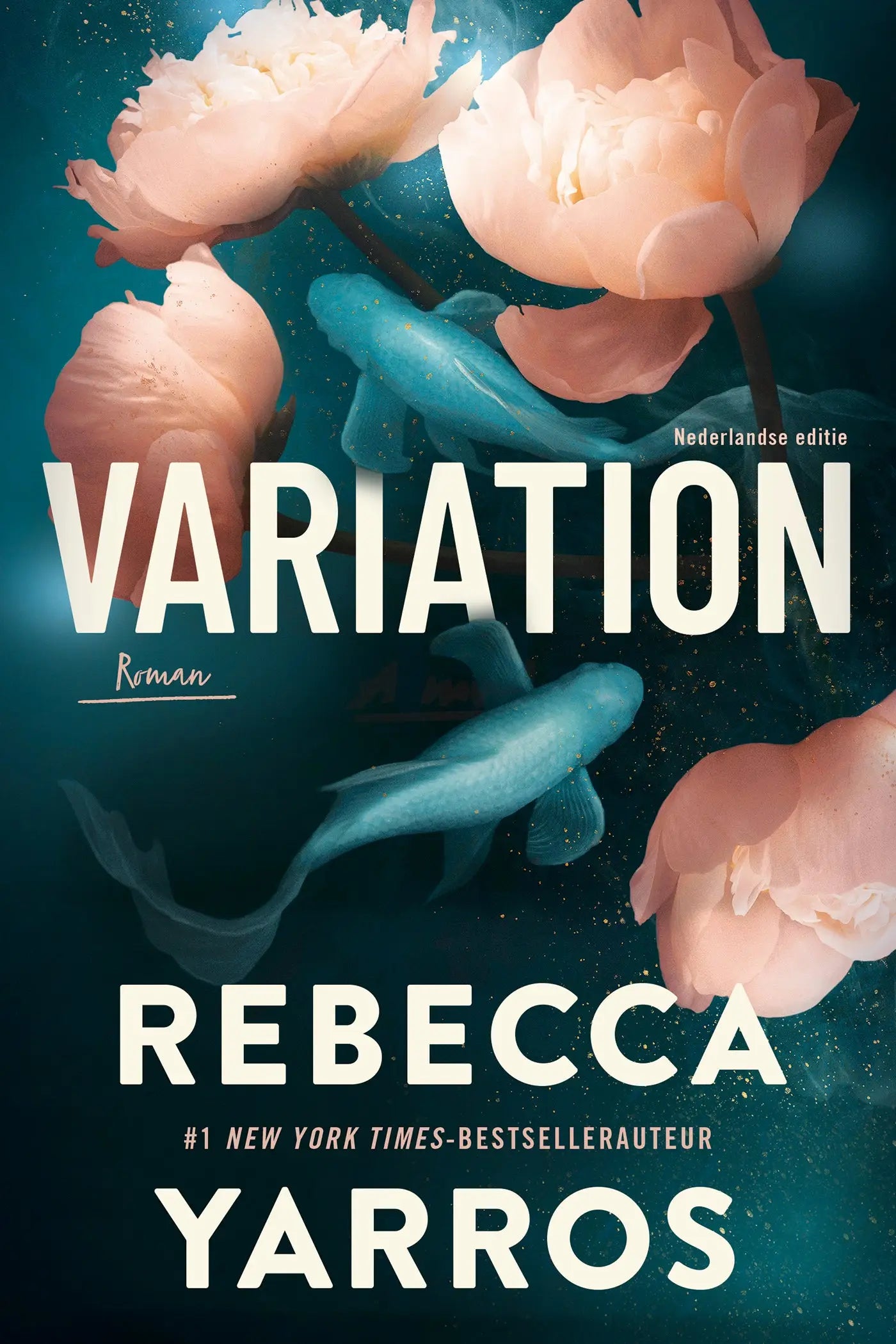 The book cover of variation by rebecca yarros shows soft pink peonies and blue fish in a deep teal underwater scene