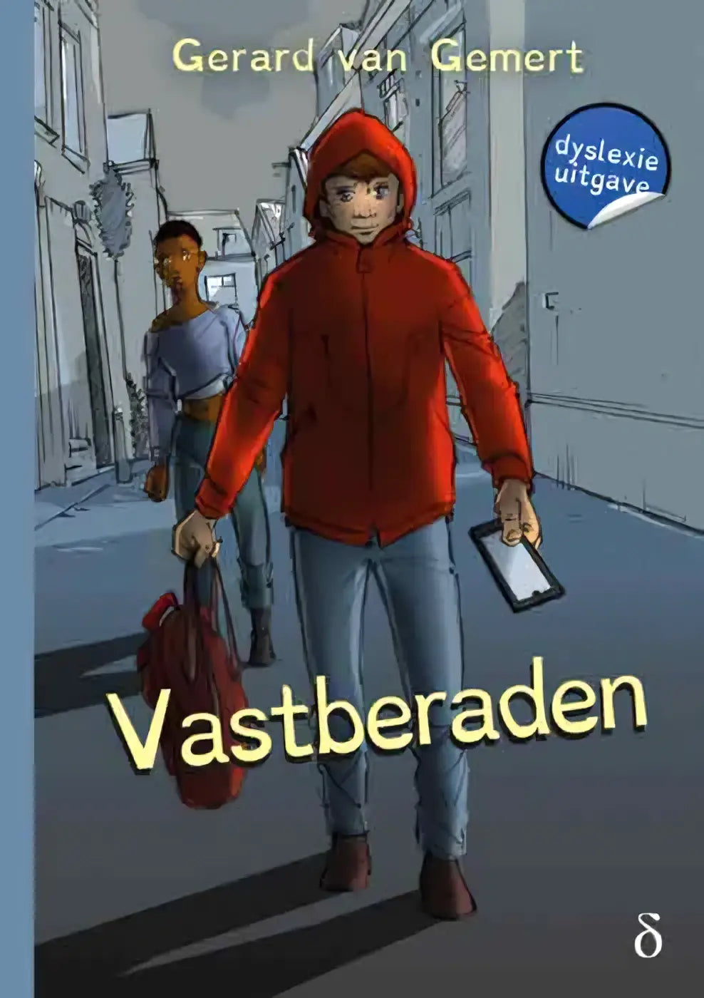 Rood met capuchon jas met ritssluiting en lange mouwen gedragen door een geïllustreerd personage op de vastberaden boekcover
