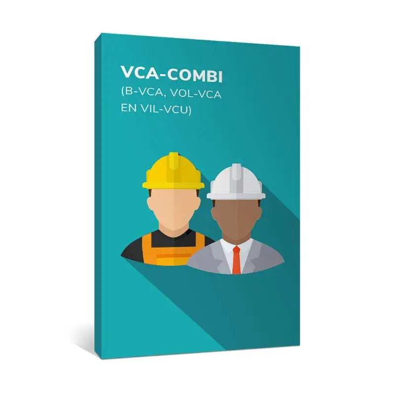 Tealkleurige boekcover van VCA-Combi met gestileerde bouwvakkers in gele en witte helm en oranje hesje