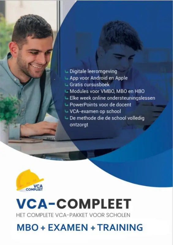 Blauw-wit promotieflyer voor vca-compleet mbo met lachende man aan laptop en digitale lesmiddelen in het nederlands