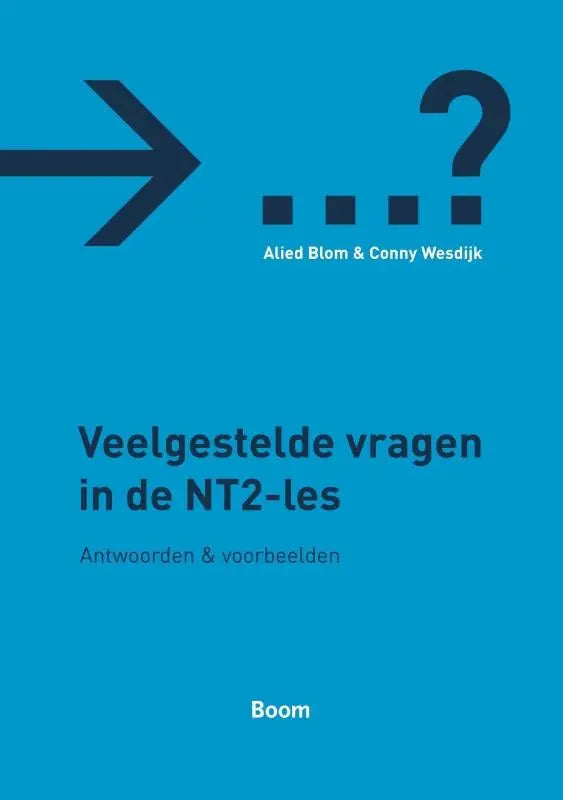 Blauwe boekomslag met zwarte tekst en grafische elementen voor veelgestelde vragen in de nt2-les antwoorden en voorbeelden