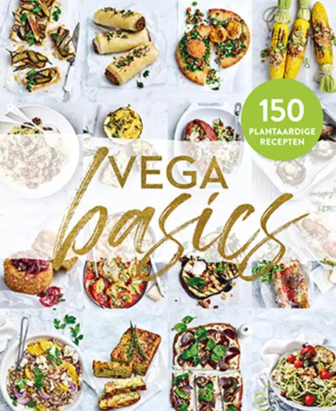 De cover van het vega basics kookboek toont een collage van kleurrijke en smakelijke plantaardige gerechten op witte borden