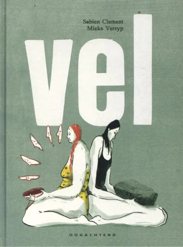 De omslag van het boek vel toont een minimalistische illustratie van twee figuren tegen een gedempte groene achtergrond