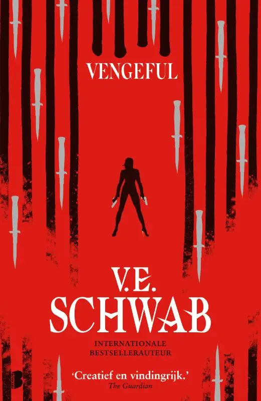 Cover van rood boek vengeful met zwarte silhouet van vrouw met messen en verticale mesvormen op achtergrond
