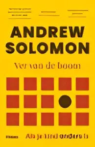 Minimalistische boekcover van ver van de boom met andrew solomon in zwarte hoofdletters op witte achtergrond park uitgevers maatschappij algemeen