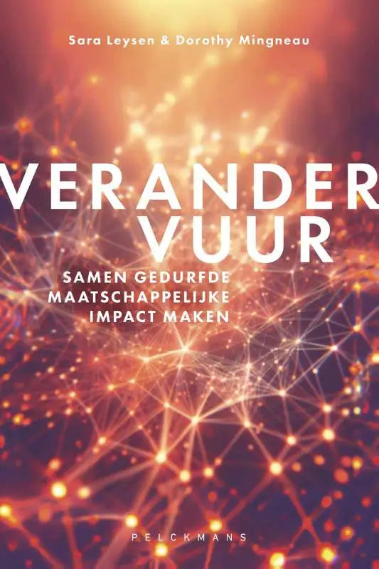 Op de boekomslag staat vet witte tekst op een levendig, gloeiend oranje en rood netwerkontwerp.