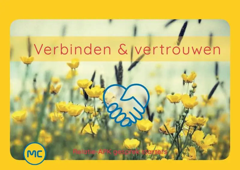 Gele boterbloemvelden met een blauw hartvormig handdruk icoon voor relatie-apk gesprek starters