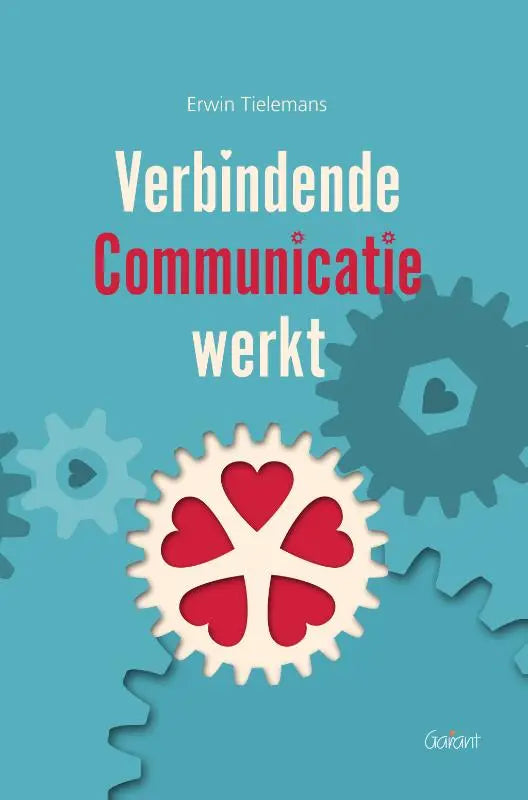Boekcover van verbindende communicatie werkt met een wit tandwiel en rode hartvormige uitsparingen op een blauwe achtergrond