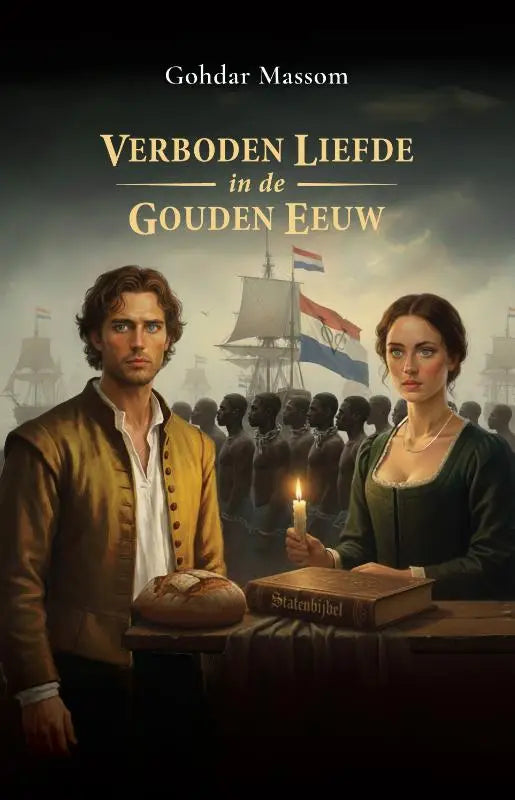 De cover van het boek verboden liefde in de gouden eeuw toont een man en vrouw in historische kleding voor schepen met Nederlandse vlaggen
