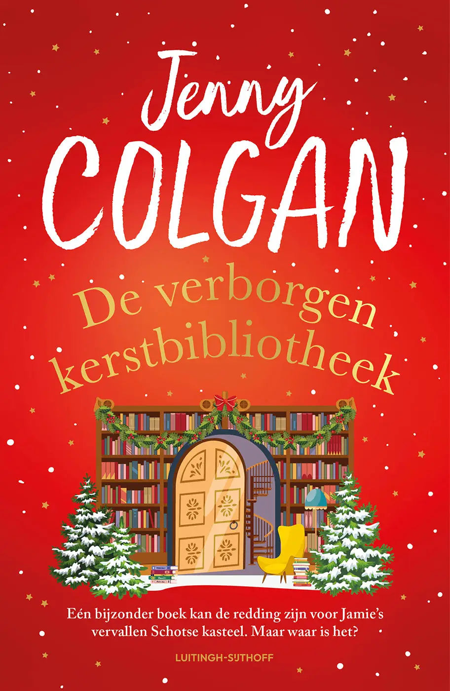 Rood boek met verborgen kerstbibliotheek van jenny colgan vertaalde literaire roman met kerstillustratie