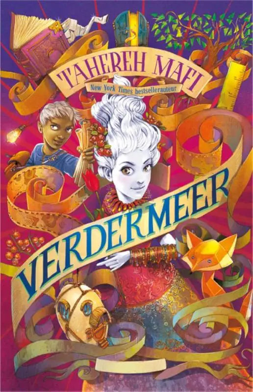 Vibrant geïllustreerde boekcover van verdermeer door tahereh mafi met kleurrijke personages in paars, roze en goud