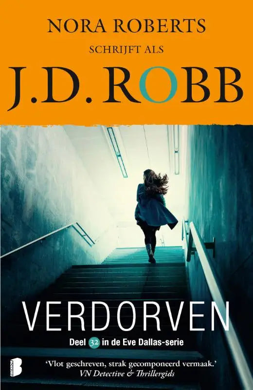 Boekcover verdorven met vrouw in donkerblauwe jas en zwarte broek rennend de trap op naar fel licht