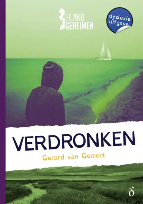 Groen en paars boekcover met een gehulde figuur kijkend naar een zeegezicht met zeilboot verdronken serie eilandgeheimen deel 4 van gerard van gemert