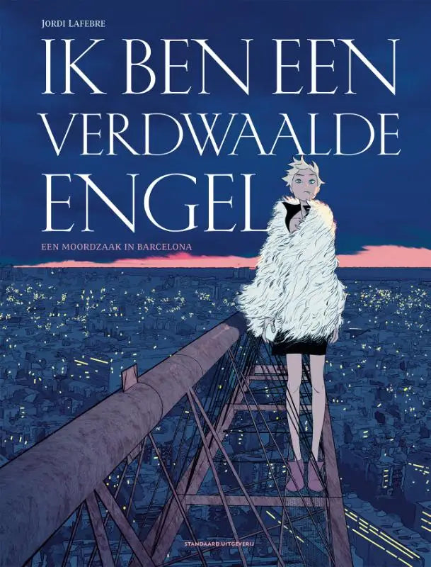 Een witte, pluizige jas gedragen door een illustratieve verdwaalde engel staand op een brug bij nacht