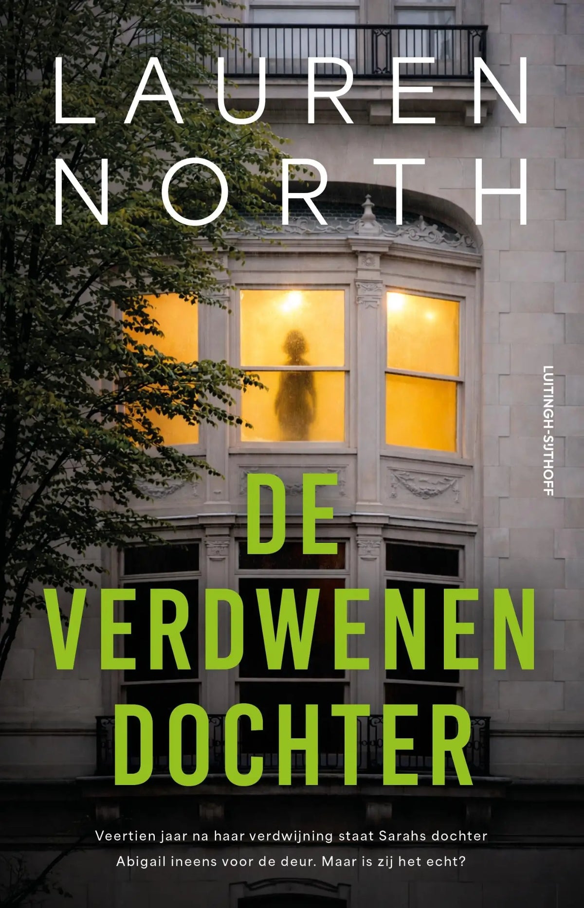 De verdwenen dochter door lauren north toont een boekomslag met een geel verlicht sierlijk raam en een silhouet binnenin