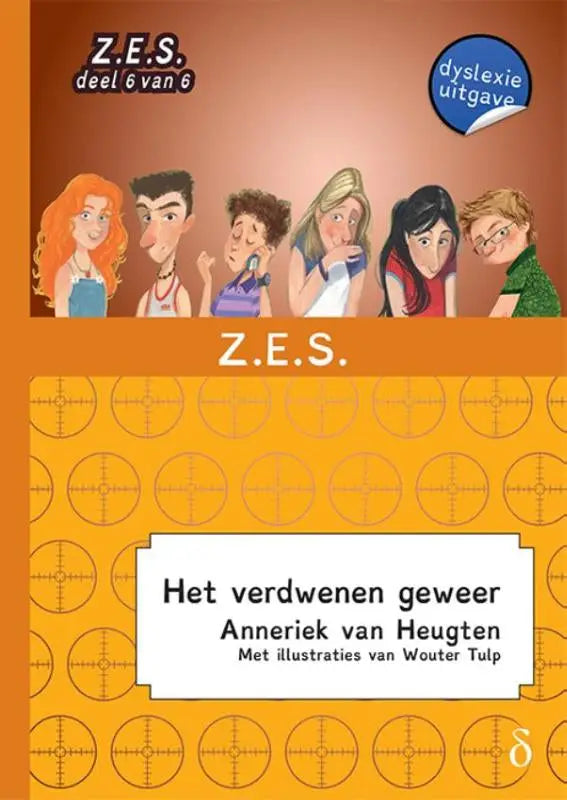 Oranje boekcover van het verdwenen geweer met cartoonfiguren en een doelwitpatroon in Z.E.S. deel 6