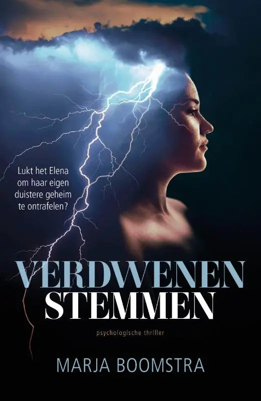 Het boek verdwenen stemmen toont een dramatische illustratie van een vrouw en bliksem tegen een stormachtige lucht