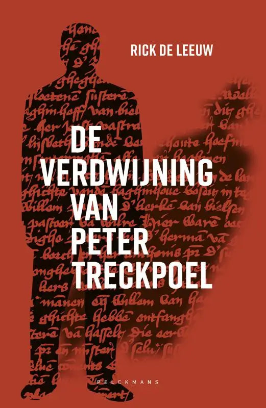 Rood boekcover met zwarte silhouet van man en handgeschreven tekst in rood en grijs van peter treckpoel