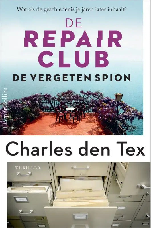 De boekcover van de repair club met vergeten spion toont paarse bloemen, een buitentafel en beige archiefkasten