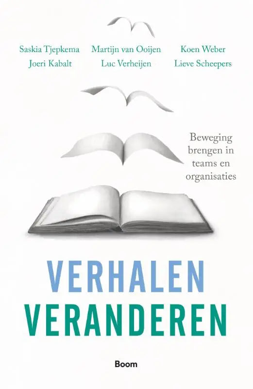 Het boek verhalen veranderen door joeri kabalt en saskia tjepkema toont een open geïllustreerd boek in minimalistisch grijs ontwerp