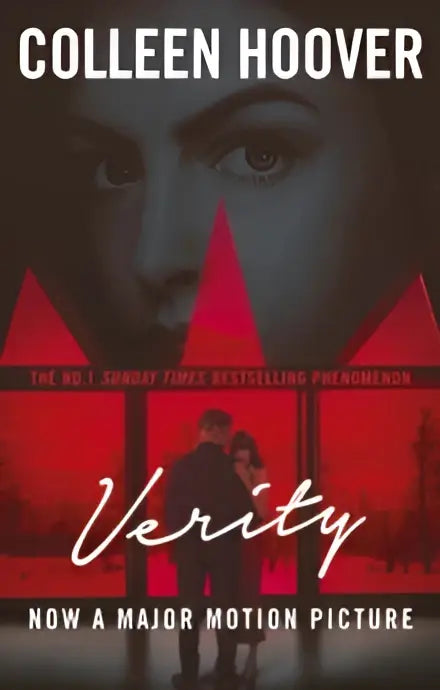 De boekcover van verity the film tie-in edition door colleen hoover toont een opvallend rood en zwart ontwerp met elegante witte cursieve titel, een thriller die je geest zal verbazen