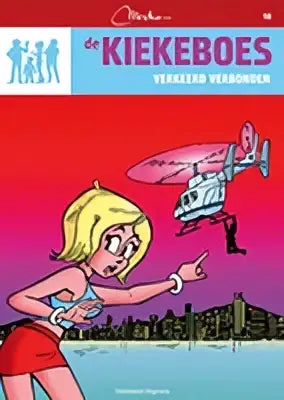 Vibrante roze en blauwe cover van de strip verkeerd verbonden met een blonde vrouw in rode shorts en futuristisch hovercraft
