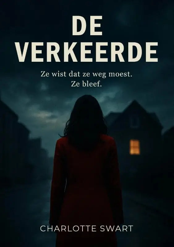 Een vrouw in een diepe rode jurk staat met haar rug naar de kijker onder een donkere, sfeervolle lucht