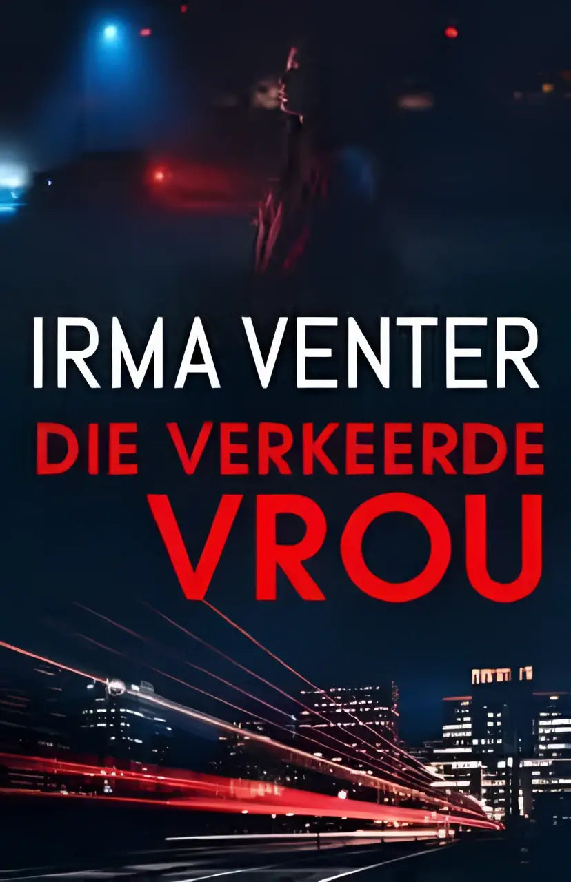 De boekcover van verkeerde vrou toont witte en rode tekst tegen een donkere stadsachtergrond met lichtsporen