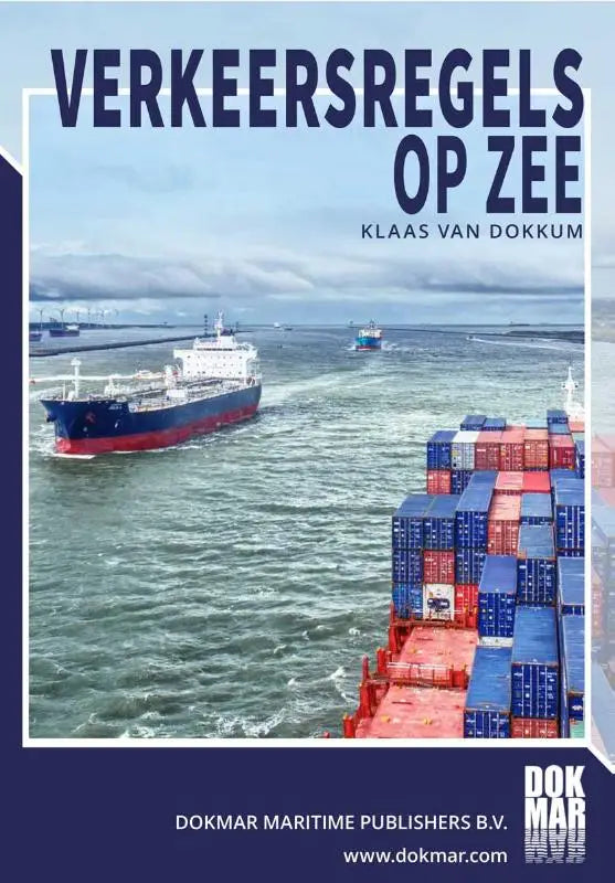 De boekcover van verkeersregels op zee toont een blauwe en rode containerschip met containers voor dokmar maritime publishers algemeen secundair onderwijs