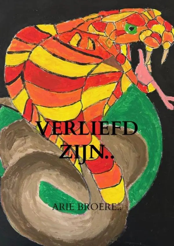 Een levendige handgeschilderde illustratie van een rode en gele cobra met groene ogen op verliefd zijn van arie broere
